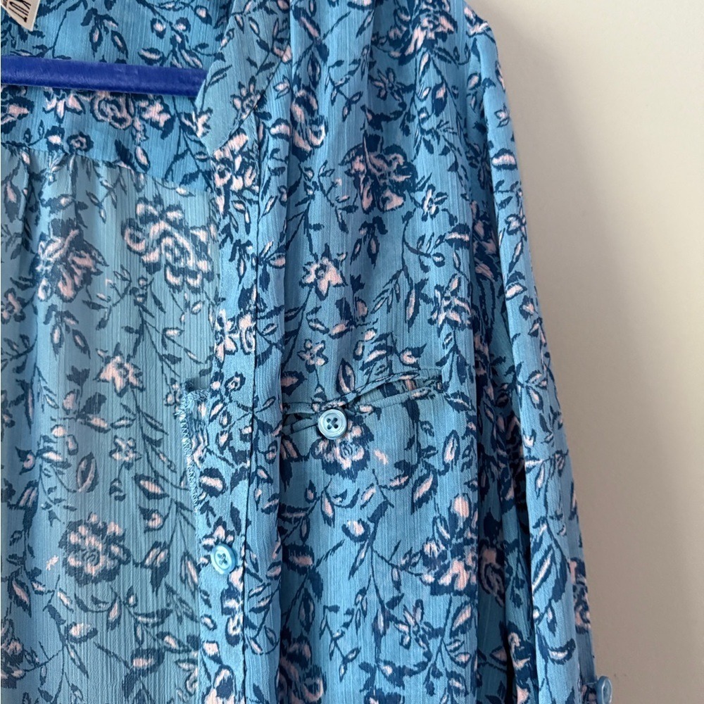KUT from the Kloth‎ Blue Floral Button Front Roll Tab Sleeve Blouse Top Size L - Picture 5 of 7
